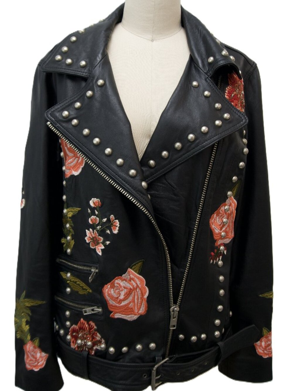 LPA Genuine Leather Floral Studded Moto Jacket – Black – Size S